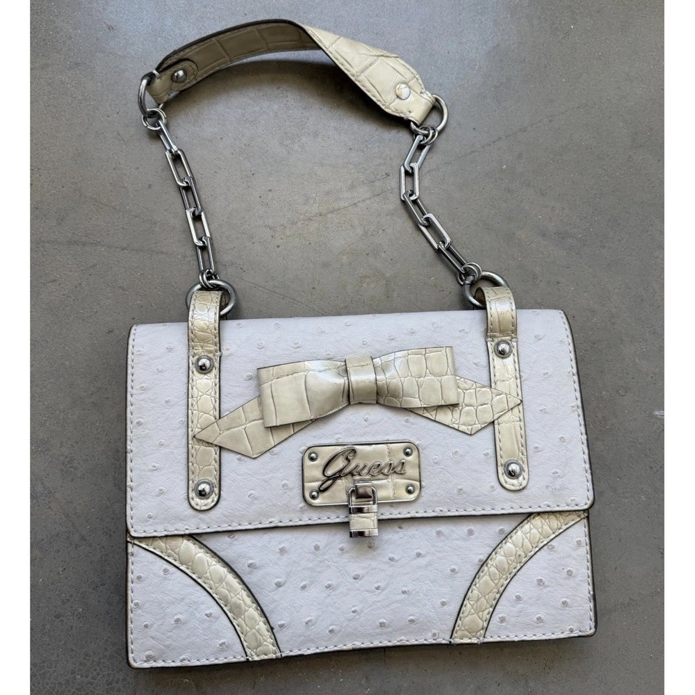Guess Ivory Faux Ostrich Croc Bow Shoulder Bag Chain Strap Y2K Going Out Purse